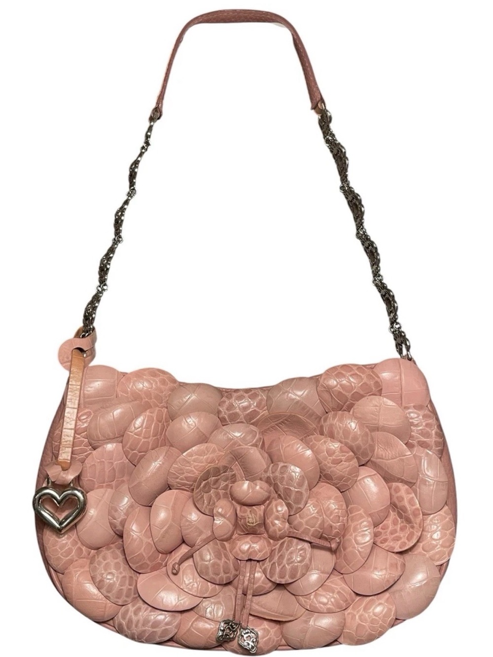 Brighton Rosalie Pink Leather Shoulder Bag 3D floral Petal Applique Silver